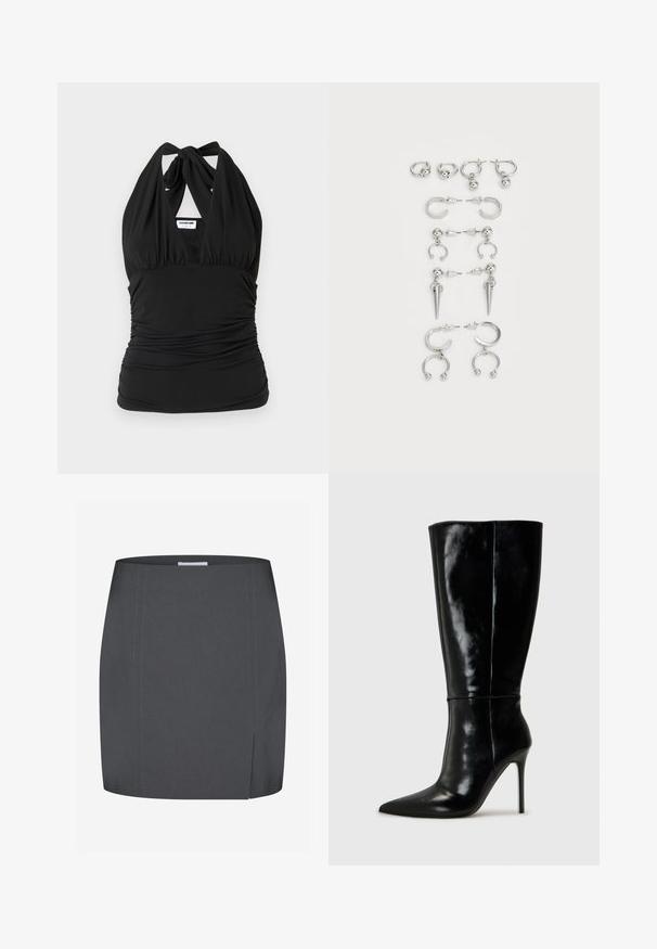 Noisy May NMBELLA HALTERNECK - Top - black; Envii SPLIT - Saia lápis - grey; Botas de couro pretas até ao joelho com bico fino e salto alto de agulha. Textura suave e design elegante, com detalhes mínimos.; Conjunto de brincos de prata com diversos designs: argolas, studs e modelos pendentes, com acentos de bola e elementos pontiagudos.