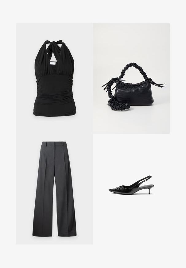 Noisy May NMBELLA HALTERNECK - Top - black; Široké kalhoty z tmavě šedé látky, s vysokým pasem, jedním skladem a hladkou texturou s čistým zakončením na lemech.; Černé kožené lodičky na slingback s špičatou špičkou, malým podpatkem typu kitten a ozdobným uzlem na přední straně. Hladký povrch po celém obvodu.; Černá kabelka z umělé kůže s krokodýlím vzorem, staženým vrškem a zmačkaným popruhem. Zdá se, že má měkký a kompaktní design.