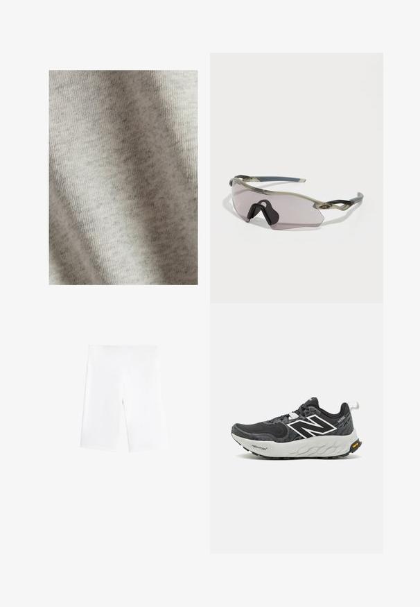 Lichtgrijze stof met een zachte textuur, met een subtiel gemêleerd patroon. Het materiaal lijkt rekbaar en licht van gewicht. Geen zichtbare hardware of accenten.; Witte fietsshorts van rekbaar materiaal, met een elastische tailleband en een glad, naadloos ontwerp. Midden boven de dijen lengte.; Zwarte hardloopschoen met een mesh bovenwerk, reflecterende accenten, witte merknaam en een gewatteerde witte zool. Heeft een gestructureerde zool voor grip.; Zonnebril met een doorschijnend grijze frame, getinte lenzen en een hoekig ontwerp. Heeft een kenmerkend neusstuk en gestructureerde donkergrijze tempels.