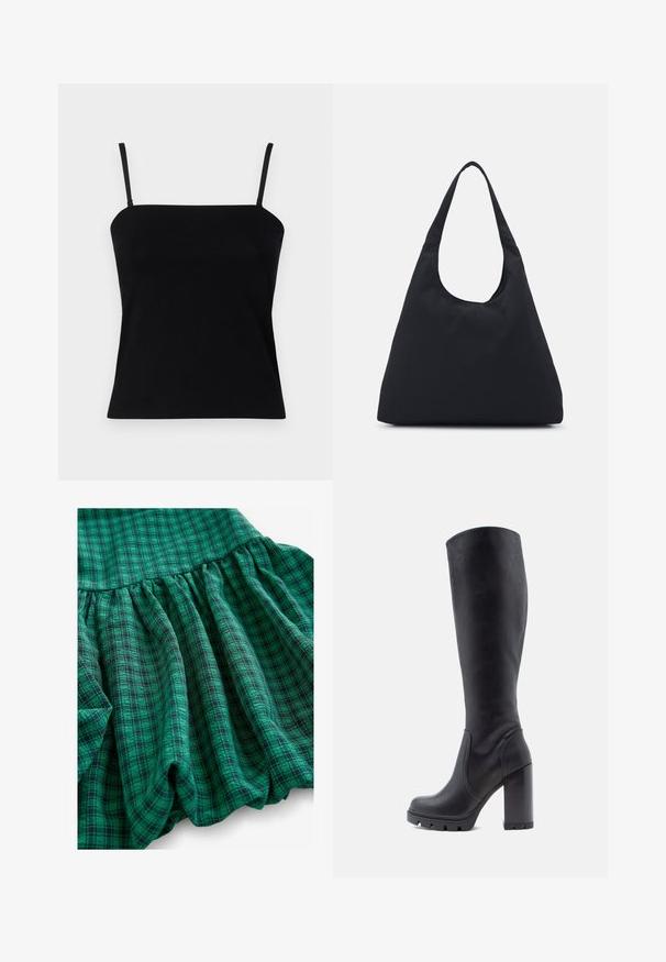 GAP COMPACT TUBE - Tops - black; Zaļš pārbaudes audums ar dažādām nokrāsām, savilktu tekstūru un viļņotu apakšmalu. Materiāls izskatās elpojošs un viegls.; Melnas ceļgala augstuma zābaki, gluda ādas materiāla, masīls papēdis, noapaļota purna daļa, teksturēta zole ar saķeri, glīts dizains bez rotājumiem.; Melnas auduma soma ar vienu, platu plecu siksnu. Mīksta, pusstrukturēta forma un gluda tekstūra; minimāls dizains, bez redzamiem piederumiem.