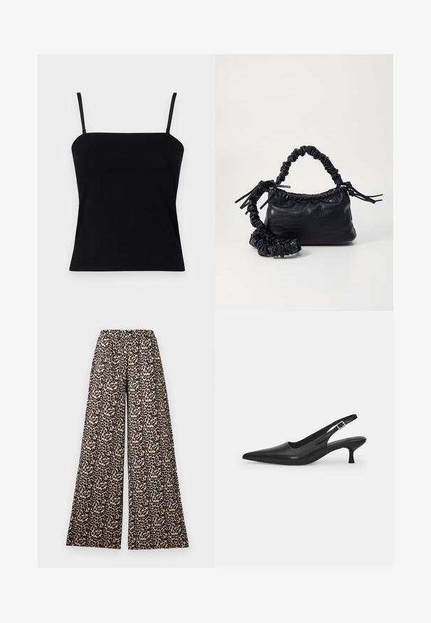 GAP COMPACT TUBE - Top - black; Pantaloni a gamba larga con elastico in vita in una stampa leopardata beige e marrone su sfondo bianco.; Scarpa slingback nera in pelle con punta affusolata e tacco sottile e curvato. Presenta una discreta fascia regolabile con una fibbia in metallo.; Borsa a tracolla in ecopelle nera con texture a coccodrillo, apertura cinchata e tracolla arricciata. Si presenta con un design morbido e compatto.