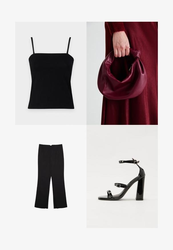 GAP COMPACT TUBE - Top - black; Crne hlače ravnog kroja, s prednjim džepovima i bočnim prorezima na rubu. Izrađene od mekog i glatkog materijala. Pogodne za razne prigode.; Crne lakirane sandale na pete sa kvadratnim nosom, trakama oko gležnja i srebrnim kopčama. Imaju čvrst blok petu za stabilnost.; Bordo kožni ruksač s mekim, naboranim dizajnom i zaobljenim oblikom. Ručka je sigurno pričvršćena, pokazujući glatku teksturu.