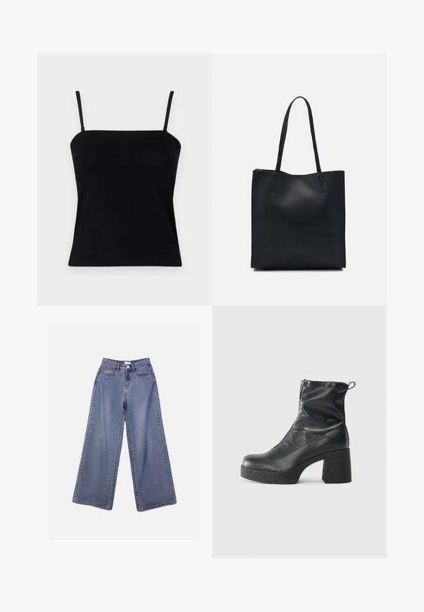 GAP COMPACT TUBE  - Μπλούζα - black; Φαρδιά τζιν παντελόνια σε ανοιχτό μπλε απόχρωση, με ψηλή μέση, μπροστινές τσέπες και κλείσιμο με κουμπί και βρόχους ζώνης.; Μαύρες μποτές μέχρι τον αστράγαλο από λείο δέρμα, με πλευρικό φερμουάρ, χοντρό υφασμάτινο τακούνι και στρογγυλή μύτη.; Μαύρη δερμάτινη τσάντα tote με λείο υφή, ορθογώνιο σχήμα και δύο μακριές λαβές. Χωρίς ορατό υλικό ή διακοσμητικά στοιχεία.