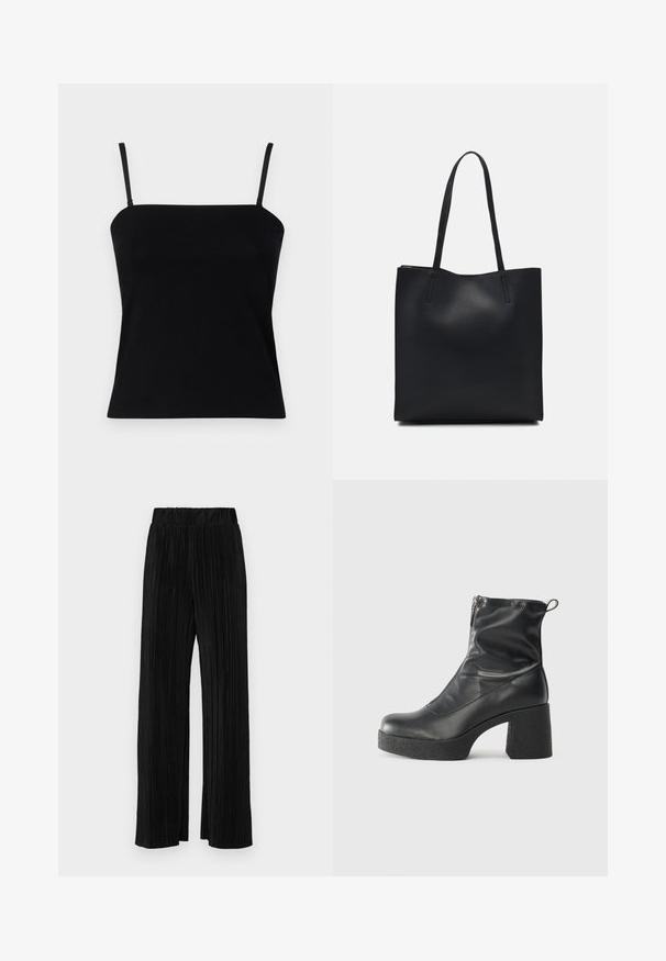 GAP COMPACT TUBE - Top - black; Black pleated trousers with an elastic waistband. Features wide legs and a smooth, textured fabric with vertical stripes.; Black ankle boots made of smooth leather, featuring a side zipper, chunky textured heel, and rounded toe design.; Black leather tote bag with smooth texture, rectangular shape, and two long handles. No visible hardware or embellishments.