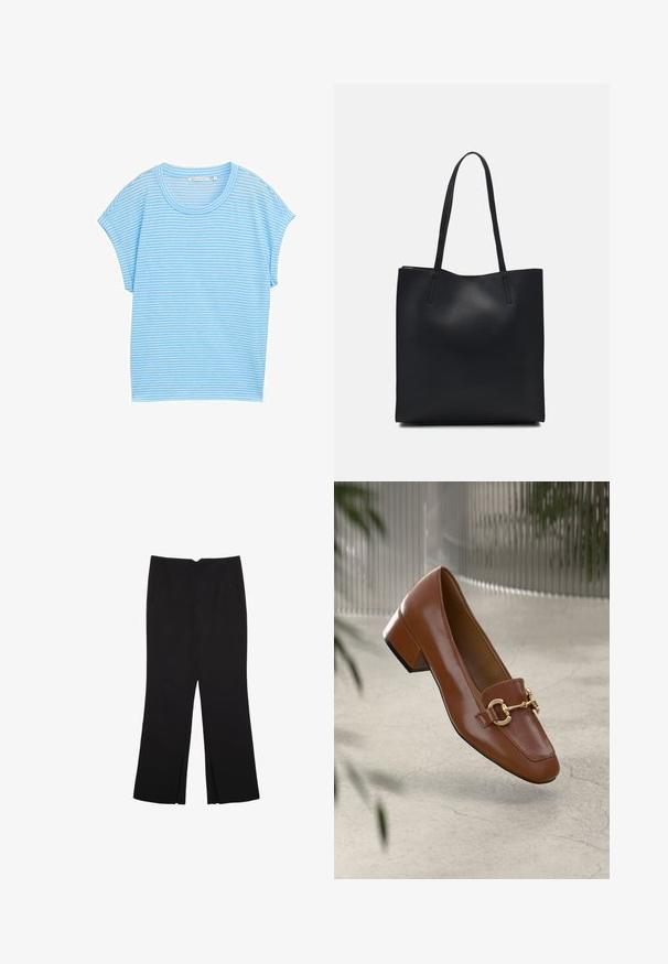 Světle modré tričko s krátkými rukávy a kulatým výstřihem. Látka je měkká, s nepravidelnými tenkými a silnými bílými pruhy.; Černé kalhoty s rovným střihem, s předními kapsami a bočními rozparky na lemu. Vyrobené z jemné, hladké tkaniny. Vhodné na různé příležitosti.; Hnědé lakované kožené mokasíny se čtveratou špičkou, kovovým řetízkovým akcentem a nízkým blokovým podpatkem; hladká textura, minimalistický design.; Černá kožená taška přes rameno s hladkým povrchem, obdélníkovým tvarem a dvěma dlouhými uchy. Žádné viditelné kování ani ozdoby.
