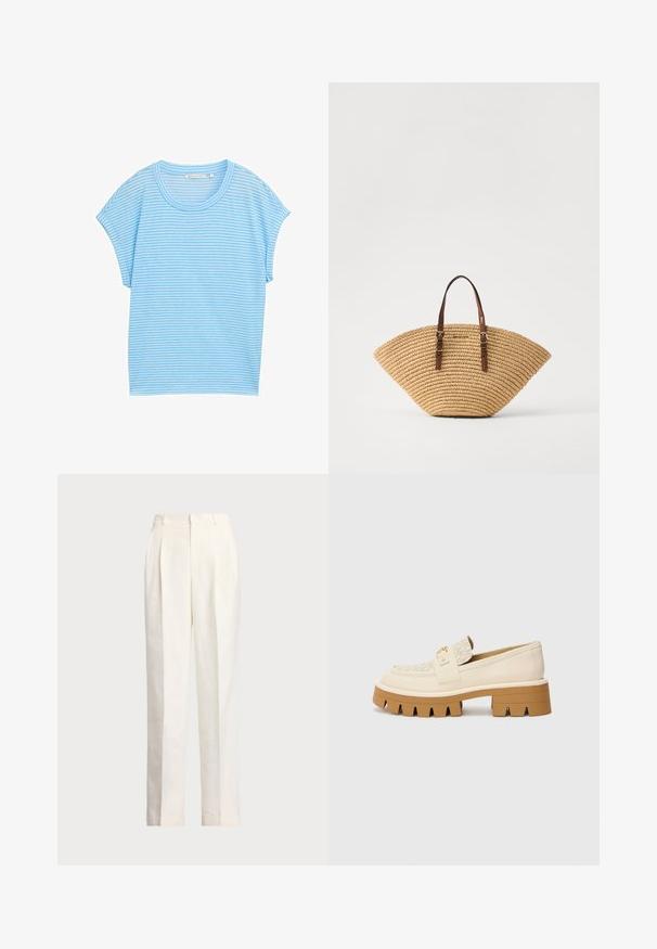 Gaiši zils svītrains T-krekls ar īsām piedurknēm un apaļu kakla izgriezumu. Audums ir mīksts, ar maiņojošām plānām un biezām baltām svītrām.; Polo Ralph Lauren HEMP WIDE LEG PANT - Auduma bikses - nevis; Beige loafers ar strukturētu krēmkrāsas siksnu, ar masīvu brūnu zoli ar zobainiem rakstiem. Zelta akcents uz sprādzes detaļu.; Salmu soma ar ventilatora formu, brūni ādas rokturi un teksturētu austu virsmu. Dabiska brūna krāsa ar gludu virsmu un minimālas akcentu detaļas.