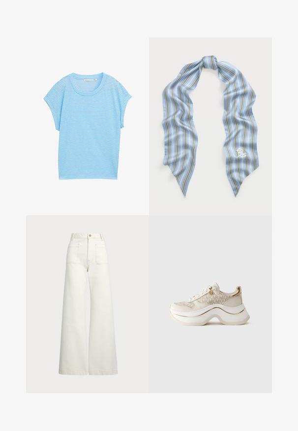 Šviesiai mėlyna juostuota marškinėliai su trumpomis rankovėmis ir apvaliu kaklu. Audinys yra minkštas, su pakaitinėmis plonomis ir storomis baltomis juostomis.; Plati kojinės džinsai of white denimo. Aukštas liemuo, su mygtuko uždarymu, dviem priekinėmis kišenėmis ir kontrastingai siuvinėjimu.; Bežiniai ir auksiniai platforminiai sportbačiai su "MK" raštu, su raišteliais, auksine pakabuke ir storu banguotu padu, prieš paprastą foną.; Šviesiai mėlynas šilkinis šalikas su vertikaliomis juostelėmis žalia, purpurine ir balta spalvomis. Baigtos kraštinės, viename kampe yra mažas siuvinėtas logotipas.