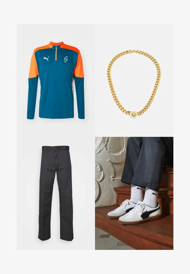 Teal long-sleeve athletic shirt with orange accents, half-zip neckline, and textured fabric. Features a white logo on the chest.; Black pants made of durable fabric, featuring a straight leg design, a waistband with belt loops, and seams for added texture.; Puma sneakers in white and black suede, featuring a brown rubber sole. Paired with white socks displaying a black logo, worn with dark pants.; Gold chain necklace with large interlocking links, featuring a circular pendant detail at the center with a raised emblem.