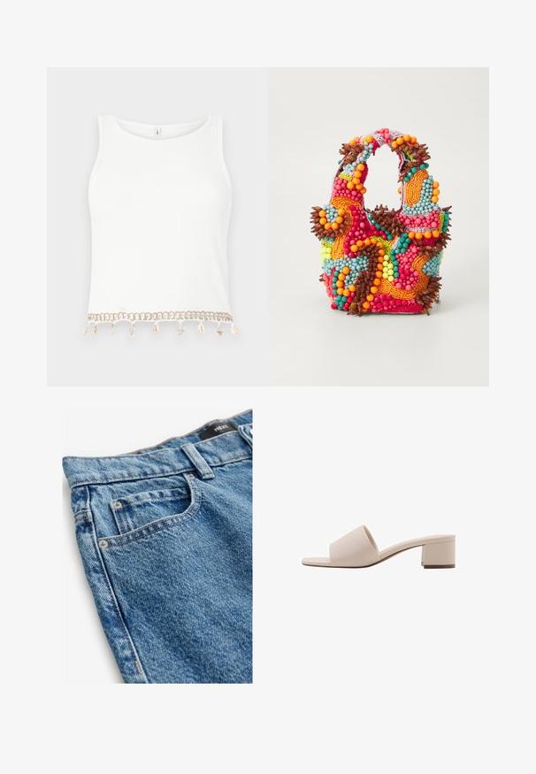 Top corto bianco senza maniche con una texture a costine, caratterizzato da un bordo decorativo con conchiglie e stelle marine all'orlo.; Jeans in denim di blu medio con una texture scolorita. Le caratteristiche includono cinque tasche, rivetti in rame e dettagli cuciti lungo le cuciture.; Sandalo beige con tacco a blocco, dotato di una fascia larga e punta aperta. Materiale liscio e design elegante. Tacco corto e robusto per maggiore stabilità.; Borsa a perline con colori vivaci: rosa, arancione, blu e marrone. Superficie testurizzata con perline circolari e forme organiche, manici robusti.