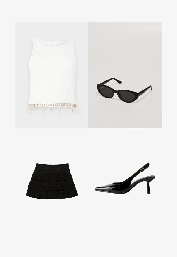 Valkoinen hihaton crop-top, jossa on ribbikuviointi ja koristeellinen trimmi, jossa on meriroskuja ja meritähtiä helman kohdalla.; Musta kerroksellinen hame, jossa on kolme kerrosta röyhelöitä ja teksturoitu kukkakuvaus. Kuminauha vyötäröllä mukavuutta ja istuvuutta varten.; Musta lakattu nahkasaapas, jossa on teräväkärkinen malli, leikattuja sivuja, säädettävä nilkkain ja ohut, virtaviivainen korko.; Mustat aurinkolasit, joissa on kapea kissamainen muoto. Valmistettu sileästä muovista, tummilla linsseillä ja hienovaraisilla logokorostuksilla temples.; Michael Kors kääröbeige pinnoitettua kangasta, jossa on toistuva MK-logo -kuvio, kultaiset yksityiskohdat ja irrotettava ketjuhihna.