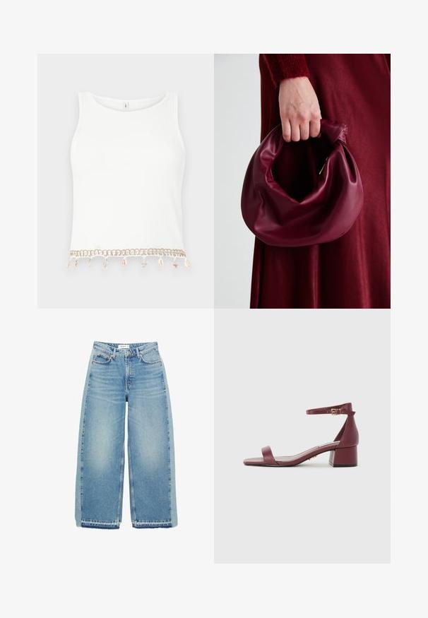 Fehér, ujjatlan crop top, bordázott textúrával, díszítő széle kagylókkal és csillagcsillagokkal a szegélynél.; Világoskék, bőszárú farmernadrág, magas derekú, gombos záródással, elülső zsebekkel és nyers szegéllyel.; Burgundi bőr szandál négyzet alakú orral, vékony bokapánttal, arany színű kiegészítőkkel és vastag blokk sarokkal. Sima textúra és minimalista dizájn.; Burgundi bőrtáska puhán ráncolt dizájnnal és kerek alakban. A fogantyú rögzítve van, sima textúrával rendelkezik.