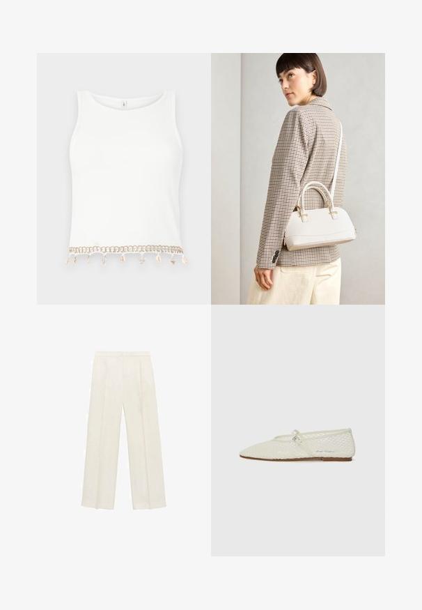 White sleeveless crop top with a ribbed texture, featuring a decorative trim with seashells and starfish at the hemline.; Wide-legged trousers in a light cream color. Made from a smooth fabric with pleats at the front and side pockets.; Cream-colored mesh ballet flat with a pointed toe and adjustable strap. Features a textured upper and a flat, brown sole.; White structured handbag with short handles and a shoulder strap, featuring gold hardware accents and textured material, displayed against a grey background.