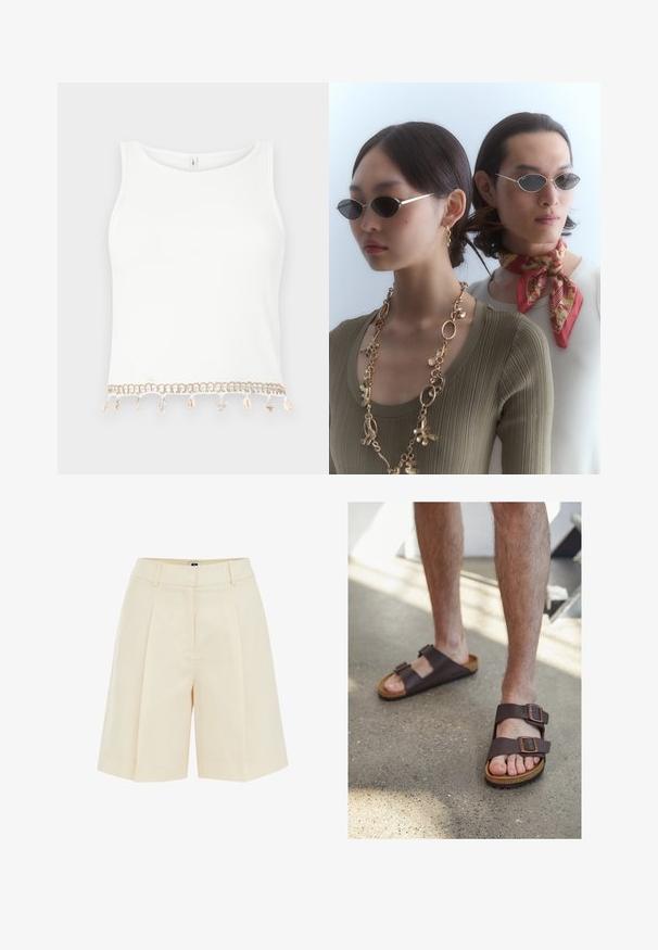 Weißes ärmelloses Crop-Top mit gerippter Textur, das am Saum mit dekorativen Verzierungen aus Muscheln und Seesternen versehen ist.; Beige, gefaltete Shorts mit einem maßgeschneiderten Design, das eine glatte Textur und seitliche Taschen aufweist. Sie sind oberhalb des Knies geschnitten und bieten eine entspannte Passform.; Braune Leder-Sandalen mit zwei verstellbaren Schnallen, Korkfußbett und strukturiertem Gummisohle, die barfuß auf einem Betonboden getragen werden.; Runde Sonnenbrillen mit dunklen Gläsern und dünnen silbernen Rahmen. Eine Person trägt eine goldene Kette, während eine andere einen rot gemusterten Schal hat.; Geflochtene Strohtasche mit braunen Lederakzenten, zwei Griffen und einem abnehmbaren Gurt. Kurvenform mit einem stabilen Boden.