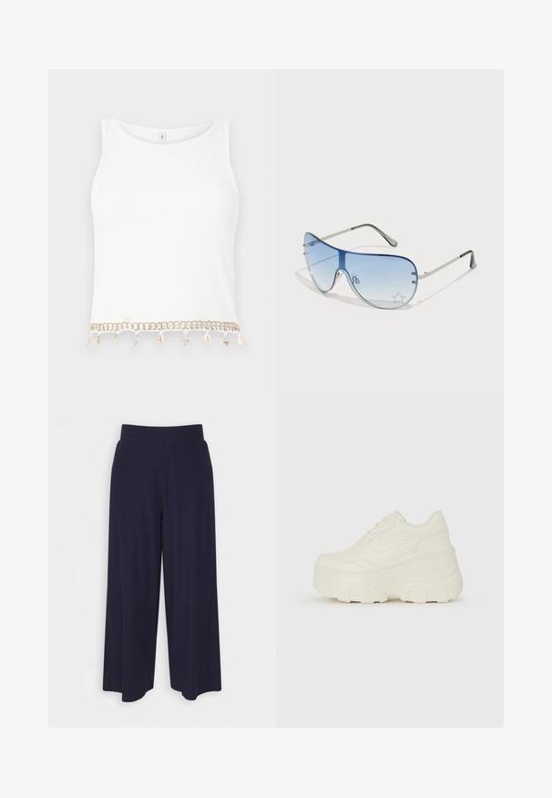 Hvit ermeløs crop top med ribbestruktur, med en dekorativ kant med skjell og sjøstjerner ved kantlinjen.; Bredde bukser i mørk marineblå stoff med ribbet tekstur. Har en glatt midje og en luftig silhuett, som når midt på leggen.; Hvite plattformsnickers med en glatt læraktig overdel, avrundet form, polstret krage og teksturert gummisåle med tydelige dekk.; Pilotbriller med gradient blå linse, sølvfarget metallramme og dekorative stjerneaksenter på linsen. Glatt og stilren design.