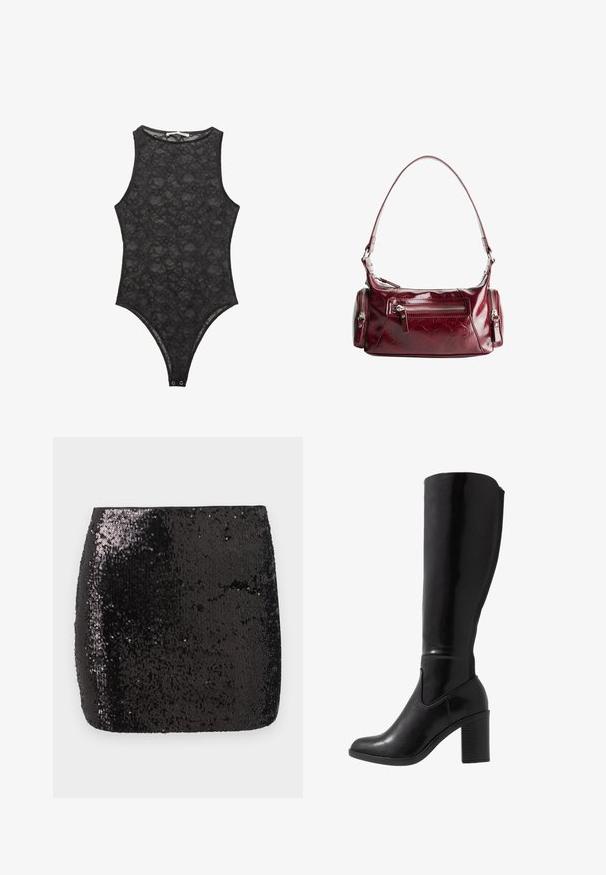 Sort blonde bodystocking med høj krave, ærmeløs design og trykknaplukning i bunden. Delikat blomstermønster overalt.; Sort palietteret mini nederdel med en tætsiddende form, glat tekstur og skinnende overflade, der reflekterer lys og skaber visuel interesse.; Knæhøje sorte glansede støvler med hæl, rund tå, glat overflade, detalje med udskæring på siden og en chunky stablet hæl.; Skinne mørkerød læder skuldertaske med en frontlynlås lomme og to små lynlåslommer på siden.