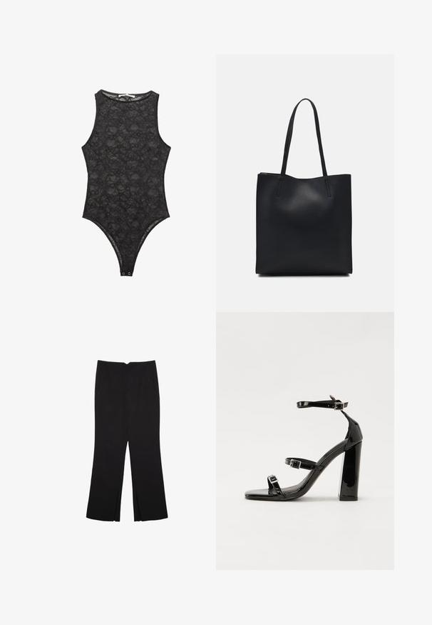 Crni čipkasti bodi s visokim izrezom, bez rukava i kopčanjem na dnu. Osvježavajući cvjetni uzorak kroz cijeli bodi.; Crne hlače ravnog kroja, s prednjim džepovima i bočnim prorezima na rubu. Izrađene od mekog i glatkog materijala. Pogodne za razne prigode.; Crne lakirane sandale na visoku petu s dva remena s kopčama, kvadratnim vrhom i masivnom blok petom, s glatkom, sjajnom teksturom.; Crna kožna torba za nošenje s glatkom teksturom, pravokutnim oblikom i dvije duge ručke. Nema vidljivih metalnih dijelova ili ukrasa.