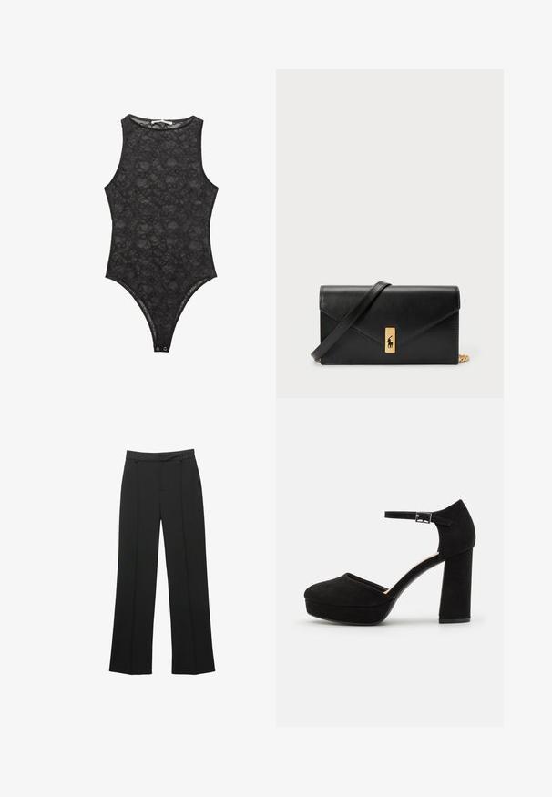 Body in pizzo nero con collo alto, senza maniche e chiusura a pressione sul fondo. Delicato motivo floreale su tutta la superficie.; Pantaloni neri a gamba dritta realizzati in un tessuto liscio, con parte anteriore piatta, passanti per cintura e senza tasche visibili, con una vestibilità sagomata.; Scarpe con tacco a piattaforma nere in suede, dotate di un spesso tacco a blocco, punta arrotondata e cinturino alla caviglia fissato da una fibbia in metallo. Texture liscia su tutta la superficie.; Portafoglio in pelle nera con pattina a pieghe, accessori dorati, con un logo decorativo. Include una tracolla staccabile per il trasporto.