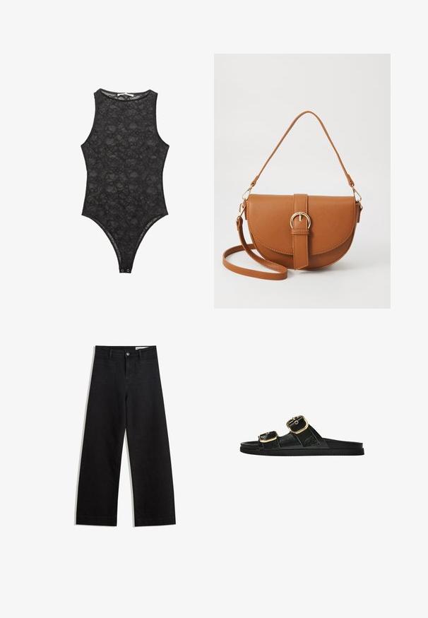 Čierny čipkovaný body s vysokým výstrihom, bez rukávov a so zapínaním na spodnej časti. Jemný kvetinový vzor po celom povrchu.; Čierne denimové nohavice s širokými nohavicami a vysokým pásom, so prednými a zadnými vreckami, šitými švami a zapínaním na gombík. Hladká textúra.; Čierne šľapky s dvoma zlatými prackami, hladký textúrovaný materiál, plochá podrážka a minimalistický dizajn.; Hnedá kožená kabelka cez telo s zakriveným tvarom, zlatými kovovými doplnkami a akcentom s prackou. Obsahuje odnímateľný ramenný popruh.