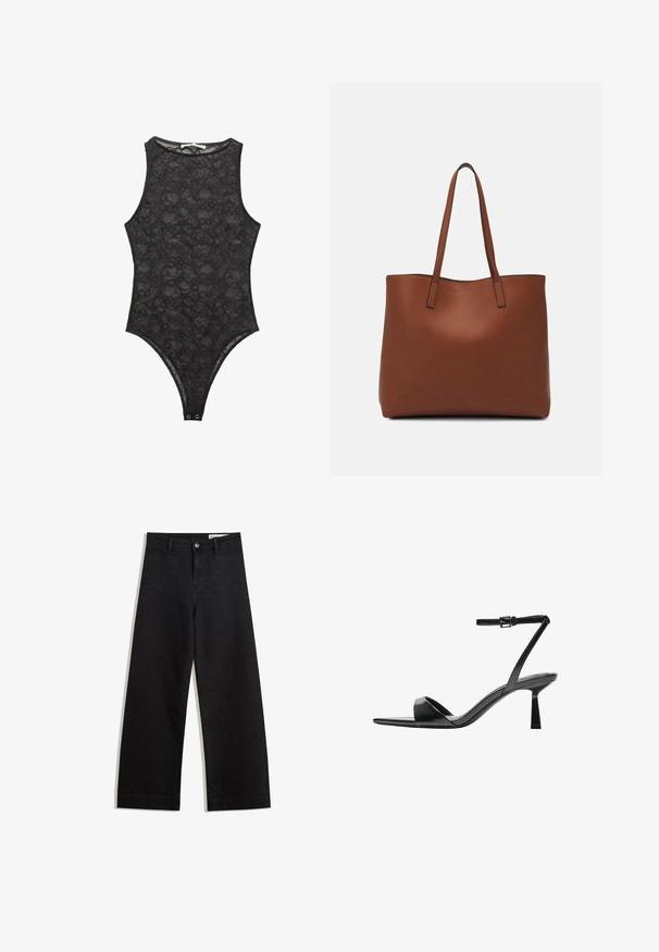 Bodysuit en dentelle noire avec un col haut, sans manches et une fermeture à pression en bas. Motif floral délicat sur l'ensemble.; Pantalon en denim noir à jambes larges avec une taille haute, comprenant des poches avant et arrière, des coutures piquées et une fermeture à bouton. Texture lisse.; Bershka Sandales à talons hauts - black; Sac fourre-tout en cuir marron avec une texture lisse, design à ouverture supérieure et deux poignées pour le porter à l'épaule. Présente des coutures minimales et aucun matériel visible.
