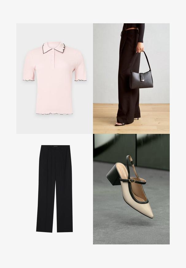 Svetloružová polo košeľa s rebrovanou textúrou, čiernym zúbkovaným golierom a rukávmi. Obsahuje rad gombíkov po celej prednej strane.; Čierne nohavice so strihom rovného nohu, s dvoma prednými vreckami a pásom. Vyrobené z hladkej, ľahkej textílie.; Béžová lodička so špicatou špičkou, s čiernym lemom, zlatou prackou a robustným blokovým podpätkom na šedom podlahe s tmavozeleným pozadím.; Čierna kabelka so štruktúrovaným tvarom, hladkou textúrou a kovovou sponou. V kombinácii so širokými čiernymi nohavicami a sandálmi s otvorenou špičkou na drevenej podlahe.