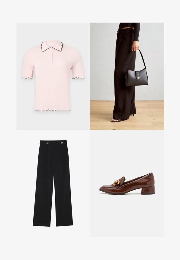 Vaaleanpunainen polo-paita, jonka pinnassa on ribbikuvio, musta aaltoileva kaulus ja hihat. Edessä on nappirivi.; Mustat leveälahkeiset housut, joissa on korkea vyötärö, napit vyötärönauhassa ja etupuolella laskokset.; Ruske nahkasaapad läikiva viimistlusega, millel on ees dekoratiivne kuldne klamber ja madal plokkkonts. Klassikaline disain.; Musta käsilaukku, jossa on rakenteellinen muoto, sileä pinta ja metallinen solki. Yhdistetty leveisiin mustiin housuihin ja avonaiheisiin sandaaleihin puulattialla.