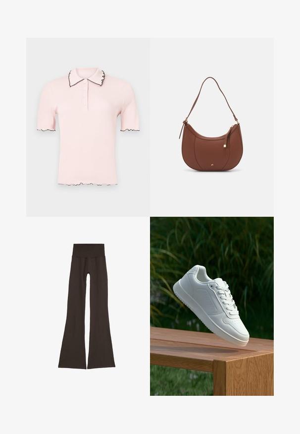 Jasnoróżowa koszulka polo o prążkowanej fakturze, czarnym falbaniastym kołnierzyku i rękawach. Posiada rząd guzików z przodu.; Ciemnobrązowe legginsy dzwonowe z szerokim, prążkowanym pasem. Wykonane z miękkiego, elastycznego materiału, charakteryzujące się bezszwowym designem i bez widocznych elementów metalowych.; Biały sneaker z gładką syntetyczną cholewą, perforowanym noskiem, płaskimi sznurowadłami i teksturowaną podeszwą, wyeksponowany na drewnianej powierzchni.; Brązowa torebka na ramię z eko-skóry o zaokrąglonym kształcie, z minimalnym przeszyciem i złotym akcentem na okuciach. Posiada zamek błyskawiczny u góry oraz regulowany pasek.