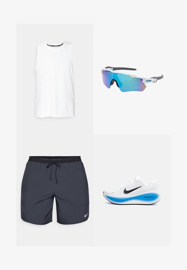 Top de alergare Nike fără mâneci, de culoare albă, cu guler rotund, textură fină și logo-ul Nike de culoare neagră pe partea stângă a pieptului.; Pantaloni scurți de alergare Nike de culoare gri închis, cu un brâu elastic și șnur și un accent cu logo argintiu pe partea inferioară a piciorului drept.; Adidași albi cu un mesh texturat, swoosh negru Nike și o talpă intermediară ZoomX albastră. Prezintă un vârf rotunjit și o talpă cu un model specific.; Ochelari de soare cu cadru alb, accente gri și lentile curbate albastre. Design sportiv, formă envolvitoare și pernițe de nas ajustabile.