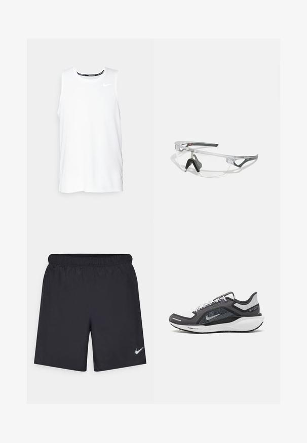 Biele bezrukávové bežecké tričko Nike s okrúhlym výstrihom, hladkým povrchom a čiernym logom Nike na hornej ľavej strane hrudníka.; Čierne atletické šortky z ľahkého materiálu s elastickým pásom. Na dolnej ľavej strane majú malé biele logo Nike.; Čierna a sivá športová obuv s vrchnou časťou z priedušného materiálu, reflexné akcenty a biely medzipodrážka. Obsahuje štruktúrovanú gumovú podrážku a šnúrky.; Priehľadné bezpečnostné okuliare s ľahkým, transparentným rámom a sivými akcentmi. Majú obopínajúci dizajn a nastaviteľný nosník.