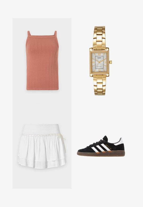 Ribota maikutė iš minkštos terakotos spalvos medžiagos, su plonomis petnešomis, tiesiu iškirpimu ir prigludusia siluetu.; Balta sluoksniuota sijonas su elastinga juostele, pasižymintis tekstūruota surišimo detale ir dekoratyvine juostos akcentu. Pagamintas iš medvilnės.; Juodos Adidas sportbačiai su baltais dryžiais, auksiniu „Spezial“ užrašu, guminėmis padais ir balta kulno juostele, rodomi šoninio vaizdo.; Aukso spalvos kvadratinis laikrodis su baltu ciferblatu, sidabro spalvos valandų žymekliais ir patvariu metaliniu apyrankiu. Įtrauktas vandeniui atsparus funkcionalumas.