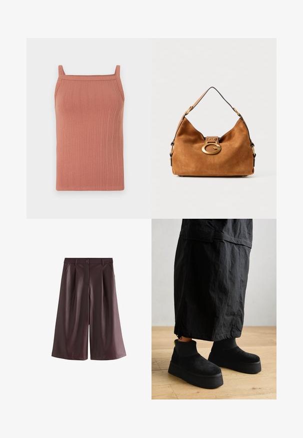 Ribbed tērps mīkstā terakotas audumā, ar plānām plecu siksnām, taisnu dekoltē un pieguļošu siluetu.; Brūni plati viltus ādas šorti ar priekšējiem kabatām, jostu cilpām un pogu aizdari.; Melnas platformas potītes zābaki, kas izgatavoti no maiga zamša ar gludu apdari un biezu zoli. Raksturīga ribota tekstūra un neona akcenti uz papēža.; Brūna zamšādas rokassoma ar noapaļotu formu, zelta toņa aparatūras aizdari un kontrastējošu melnu apdari. Aprīkota ar vienu plecu siksnu ērtai nēsāšanai.