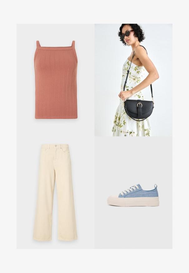 Ribbed tank top in soft terracotta fabric, featuring thin shoulder straps, a straight neckline, and a fitted silhouette.; Beige wide-leg jeans made of cotton. Features a button closure, belt loops, and front pockets with a smooth, soft texture.; Light blue canvas sneakers with a cream rubber toe cap and outsole, featuring white laces and a pull tab on the heel.; Black leather handbag with a curved shape, detachable strap, and gold hardware. The bag features a flap with a buckle detail.