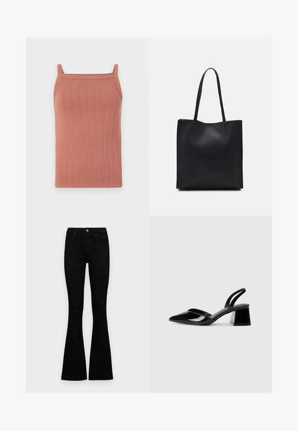 Ribbad linne i mjuk terrakottafärgad tyg, med tunna axelband, en rak halsringning och en figurnära silhuett.; ONLY ONLBLUSH MID FLARED  - Flared jeans - black denim; Svarta lackläder slingback klackar med spetsig tå och geometrisk klack. Har en elegant, minimalistisk design och slät yta.; Svart lädertoffelväska med slät textur, rektangulär form och två långa handtag. Ingen synlig hårdvara eller dekorationer.