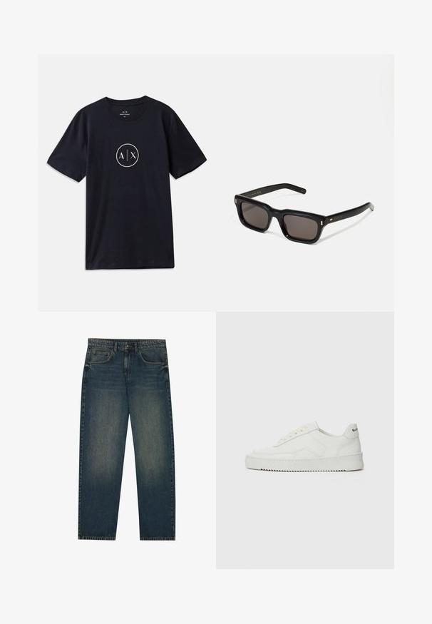 Jūrinės medvilnės marškinėliai su apvalia kaklo iškirpte, trumpomis rankovėmis ir apvaliu baltu logotipu, centre kuriame yra raidės "A" ir "X".; Daugiakampė marškiniai su mygtukais, pasipuošę įvairiomis raštų kombinacijomis, įskaitant gėlių ir grafinius spaudinius, su juodu apykakle ir ilgomis rankovėmis.; Tamsiai mėlyni džinsai su tiesiu kirpimu, penkių kišenių dizainu ir šiek tiek nudilusiomis kojomis. Tinka kasdieniam dėvėjimui.; Balti odiniai sportiniai bateliai su lygia apdaila, apvaliu pirštu, plokščiais raišteliais ir tekstūruotu padu. Pasižymi subtiliu logotipu ant kulno.; Juodos stačiakampės akinių nuo saulės su tamsiais objektyvais, storu plastiko rėmu, auksinėmis detalėmis ant šventyklų ir prekės ženklo logotipu išgraviruotu ant šono.; Juodas odinis per petį nešiojamas krepšys su užtrauktuku ant priekio, iškilminiu logotipu ir reguliuojama juosta. Lygi tekstūra su struktūrizuota forma.