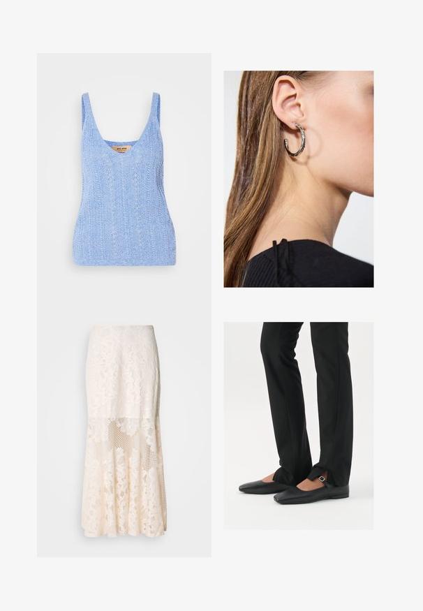 Lichtblauw gebreid tanktop met brede schouderbanden, diepe V-hals en een gestructureerd patroon. De stof heeft een zachte, ademende uitstraling.; Kruidige kanten midi-jurk in crème; heeft een gelaagd ontwerp met doorschijnende secties, gestructureerd kant en een uitlopende zoom.; Zwarte leren balletschoenen met een puntige neus, bandje met een zilveren gesp, gecombineerd met zwarte nauwsluitende broek met een zijsplit.; Zilveren oorbel met een gepolijste afwerking, met kleine gouden accentdetails en een ronde vorm, gedragen op de oorlel.