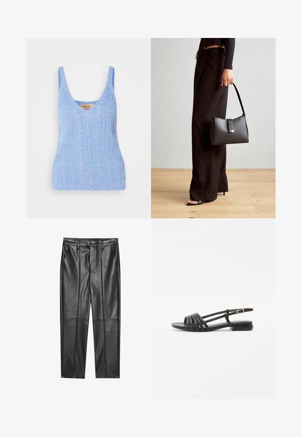 Top de punto azul claro con tirantes anchos, escote en V profundo y un patrón texturizado. La tela tiene una apariencia suave y transpirable.; Pantalones de cuero negros con una textura suave, con un corte recto, dos bolsillos frontales y detalles de costura visibles.; Sandalias planas negras con un diseño de tiras, que cuentan con múltiples correas de cuero y una hebilla delgada en el tobillo. La suela es plana y rectangular.; Bolso negro con forma estructurada, textura suave y un cierre metálico. Combinado con pantalones anchos negros y sandalias de dedo en un suelo de madera.