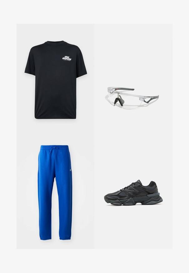 Lühikeste varrukatega must T-särk, mis on valmistatud pehmest kangast ja mille vasakul rinnal on valge väike graafiline disain.; Sinised dressipüksid, mis on valmistatud pehmest kangast, elastse vöökohaga ja nööridega, kitsenevate jalgadega ning väike logodetail külgedel.; Mustad mustus jooksukeng, mis sisaldab segu võrgust ja sünteetilisest materjalist, jäme talla, kaarduv disain ja silmapaistev bränding külgedel.; Selged ohutusprillid kerge, läbipaistva raami ja hallide aktsentidega. Omab ümbritsevat disaini ja reguleeritavat ninatükki.