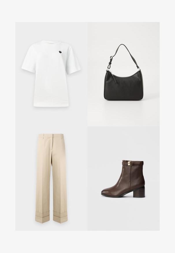 Tricou alb cu mânecă scurtă, având un mic grafic negru în zona stângă a pieptului, pe un fundal simplu, deschis.; Pantaloni bej cu o croială dreaptă, având un manșon dublu la tiv și un design cu față plată. Fabricat dintr-un material neted și durabil.; Botină din piele maro, cu vârful rotund, toc mic și pătrat, și o curea decorativă cu cataramă la glezna. Textură netedă și design elegant.; Geantă de mână din piele neagră, cu o formă curbată, curea unică, închidere cu fermoar și un branding subtil pe față. Textură fină, design minimalist.