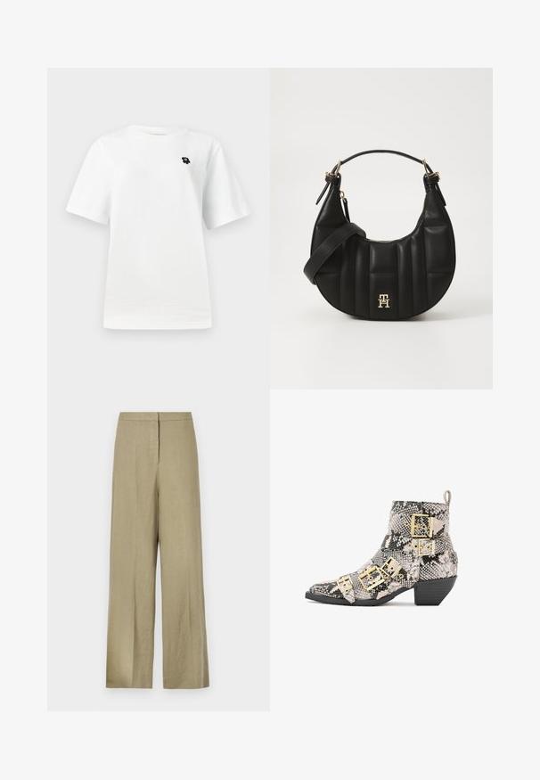 White short-sleeve t-shirt featuring a small black graphic on the left chest area, set against a plain light background.; Light green, wide-leg trousers made from linen. Features a high waist and clean front design with a single pleat.; Ankle boot in snake print with black and white tones. Features gold buckled straps, pointed toe, and low block heel. Textured surface.; Black leather handbag with a curved shape, quilted texture, and gold hardware. Features a detachable shoulder strap and logo detail.