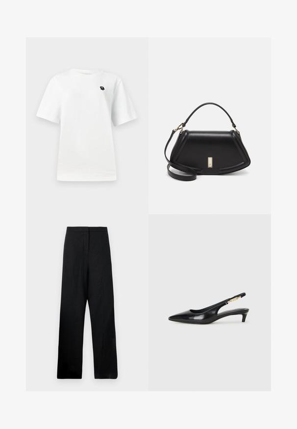 Fehér, rövid ujjú póló, amelyen egy kis fekete grafika található a bal mellrészen, egy sima világos háttéren.; Fekete, széles szárú nadrág könnyű anyagból. Jellemzője a sima textúra, magas derekú fazon és minimális varrási részletek.; Fekete bőr slingback magassarkúk, hegyes orral, vékony sarkakkal és arany színű részlettel a állítható pánton. Simа felület.; Fekete bőr kézitáska, strukturált dizájnnal, rövidített formával, felső fogantyúval és arany színű kiegészítőkkel. Állítható vállpánt is tartozik hozzá.