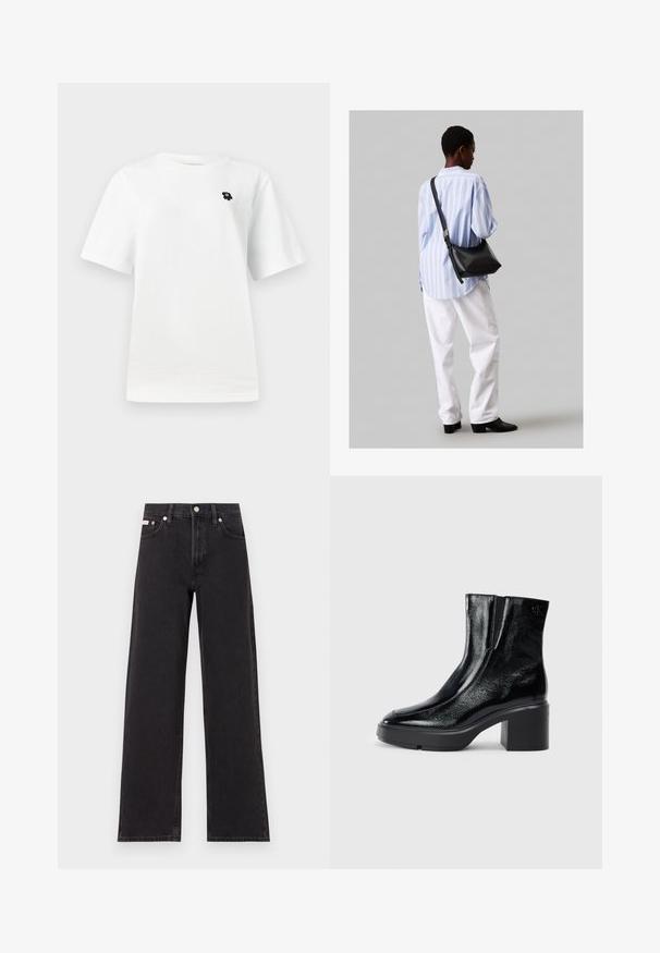 Balta trumpa rankovėmis marškinėliai su maža juoda grafika kairėje krūtinės pusėje, ant paprasto šviesaus fono.; Juodos plačios kojų džinsai, pagaminti iš džinsinio audinio, su aukštu liemeniu, penkių kišenių stiliumi ir metaline sagte su kontrastingo siuvimo detalėmis.; Juodi lakiniai auliniai batai iki kulkšnies, su išlenktu pirštu, elastinėmis šoninėmis panelėmis ir masyviu blokuotu kulnu. Apdailoje užpakalinėje dalyje įspaustas logotipas.; Juodas odinis petinis krepšys su minkšta tekstūra, trikampiu pavidalu ir reguliuojama juosta, derinamas su šviesiai mėlynu dryžuotu marškinėliu ir baltais džinsais.