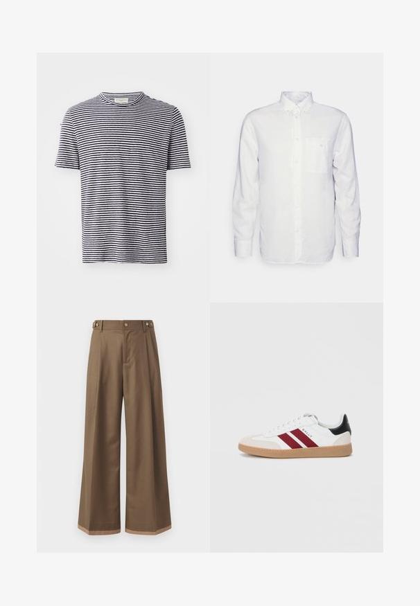 Rövid ujjú pamut póló, kerek nyakkivágással, váltakozó sötétkék és fehér vízszintes csíkokkal. Egyszerű, laza stílus.; Hosszú ujjú fehér ing, pamutból készült, gombos gallérral, elülső zsebbel és normál szabással. Texturált anyag, sima felülettel.; Sötétbarna anyagú, bővített szárú nadrág, két oldalsó zsebbel, két díszítő elülső gombbal és kontrasztos szegérrésszel.; Fehér alacsony szárú sportcipők, melyek két bordó csíkkal, velúr orral és fekete kiegészítéssel rendelkeznek a saroknál, valamint gumitalppal.