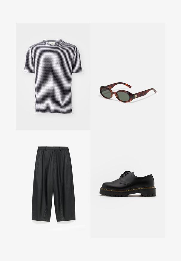 Korte mouwen T-shirt van katoen met een ronde hals, met afwisselend marineblauwe en witte horizontale strepen. Eenvoudig, casual ontwerp.; Zwarte wijde broek gemaakt van een gladde, matte stof. Heeft een op maat gemaakte tailleband, voorplooien en zijzakken.; Zwarte leren veterschoen met een ronde neus, getextureerde rubberen zool en gele stiksels rond de basis. Plat ontwerp en een gladde afwerking.; Schildpadbril met donkere lenzen, ovale vorm en brede armen. Voorzien van een kleine gouden accent aan de zijkant. Glad plastic materiaal.
