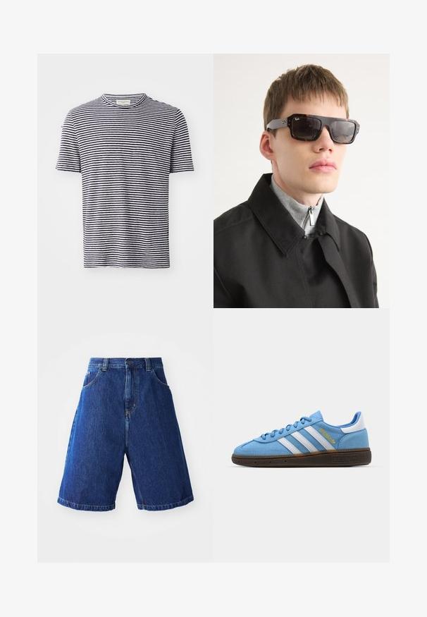 Korte mouwen T-shirt van katoen met een ronde hals, met afwisselend marineblauwe en witte horizontale strepen. Eenvoudig, casual ontwerp.; Denim shorts met een blauwe wassing, met een hoge taille, twee zakken aan de voorkant en gele stiksels langs de naden.; Lichtblauwe suède sneakers met witte leren strepen, een bruine textuurzool en gouden logo-detail. Laag ontwerp met een ronde neus.; Schildpadvormige zonnebril met zwarte accenten en rechthoekige vorm. Grijze pootjes met merklogo. Draag gedaan met een zwarte jas en een grijze hoge hals top.