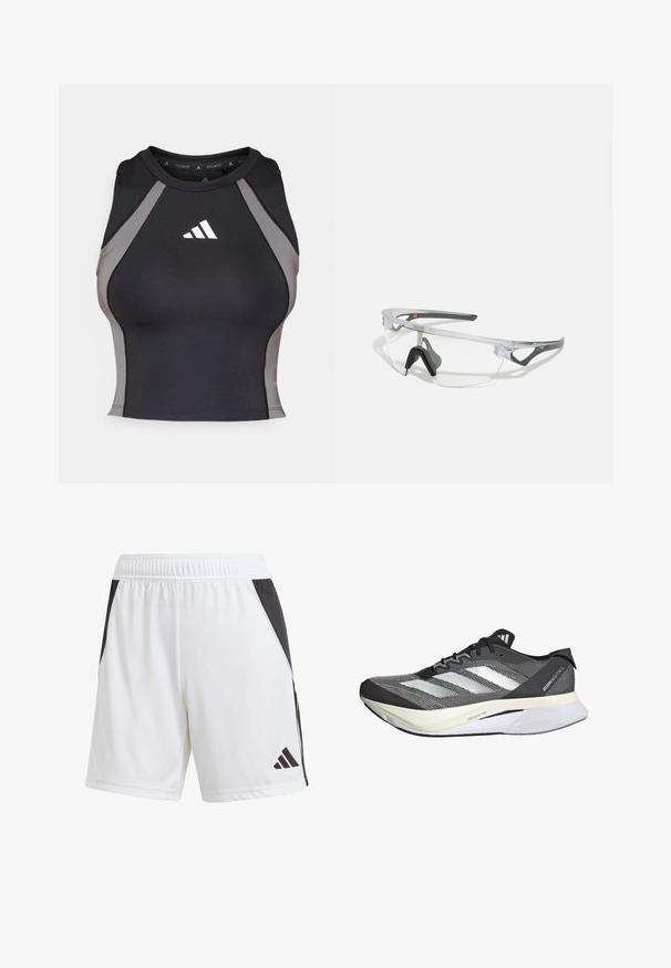 Canotta sportiva nera con pannelli laterali grigi. Presenta un collo rotondo e un logo adidas bianco nella zona del petto. Realizzata in tessuto elasticizzato.; Shorts sportivi bianchi con un pannello laterale nero, realizzati in tessuto leggero. Presentano un cinturino elastico e un logo Adidas nero sulla parte inferiore della gamba.; Scarpa sportiva in bianco e nero con tomaia in rete, presenta tre strisce bianche, una suola prominente etichettata "LIGHTSTRIKE PRO" e un design snello.; Occhiali di sicurezza trasparenti con una montatura leggera e trasparente e accenti grigi. Presentano un design avvolgente e un supporto per il naso regolabile.