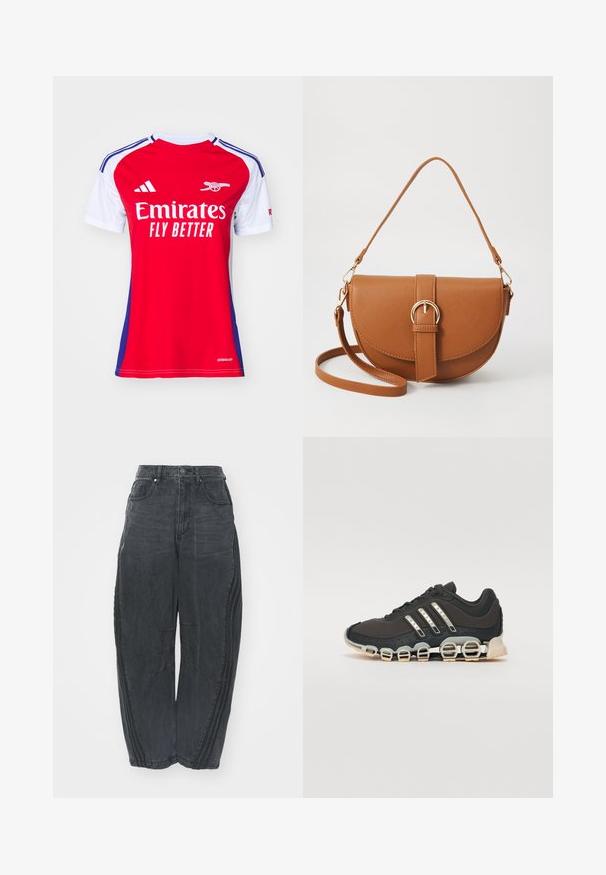 Punainen ja valkoinen lyhythihainen jalkapallopaita sinisillä yksityiskohdilla, jossa on "Emirates FLY BETTER" -logo ja Adidas-logot harteilla.; Löysät mustat farkut, joissa on haalistunut viimeistely, viisi taskua, vyötärön napitus ja ommellut yksityiskohdat edessä ja sivuilla.; Musta urheilujalkine, jossa on teksturoitu päällinen, kolme hopeista raitaa ja erottuva vaimennustuli, jonka rakenne koostuu useista integroituista osista.; Ruskean nahkainen olkalaukku, jossa on kaareva muoto, kultaiset yksityiskohdat ja solkiyksityiskohta. Varustettu irrotettavalla olkahihnalla.