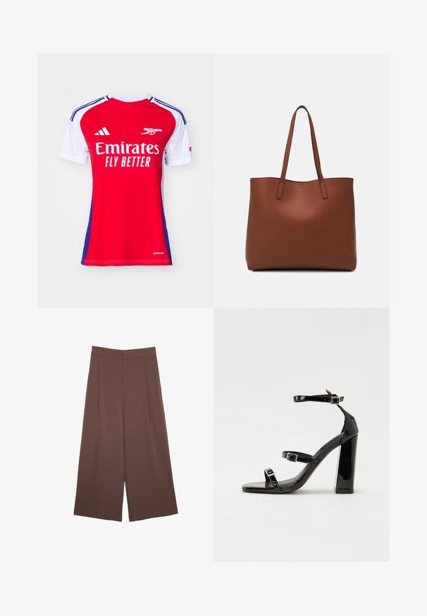 Punainen ja valkoinen lyhythihainen jalkapallopaita sinisillä yksityiskohdilla, jossa on "Emirates FLY BETTER" -logo ja Adidas-logot harteilla.; Ruskeat leveälahkeiset housut, joissa on sileä pinta, korkea vyötärö ja etupleat. Kangas on kevyttä ja laskeutuu väljänä.; Musta kiiltävä korkokenkä sandaalit neliönmuotoisella varpaalla, nilkkaremmillä ja hopeisilla soljilla. Varustettu tukevalla lohkokorkealla vakauden takaamiseksi.; Ruskea nahkainen olkalaukku, jossa on sileä pinta, avoin yläosa ja kaksi olkahihnaa. Omaavat vain minimaalisen ompelun eikä näkyvää metalliosaa.