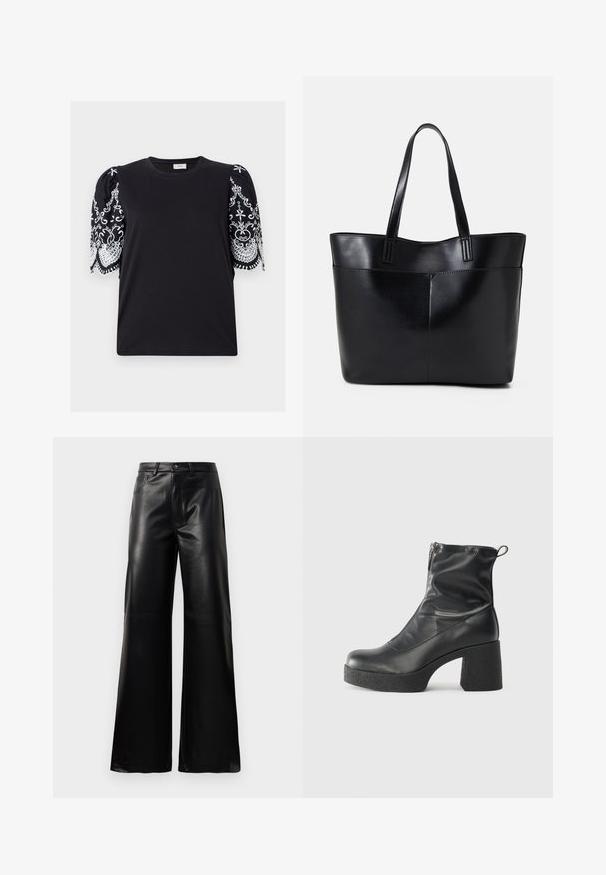 Svart bomull t-skjorte med korte puffermer, med intrikate hvite broderier og bølgete kanter, rund halsutringning, og en avslappet passform.; Sorte høy midje vide ben bukser i imitert skinn med knapp foran, glidelås, beltehemper og sidelommer på hvit bakgrunn.; Svarte ankelstøvler laget av glatt lær, med glidelås på siden, chunky strukturert hæl, og rund tå-design.; Svart lær toteveske med to lange håndtak, en glatt tekstur og en strukturert form. Har en frontlomme for ekstra oppbevaring.