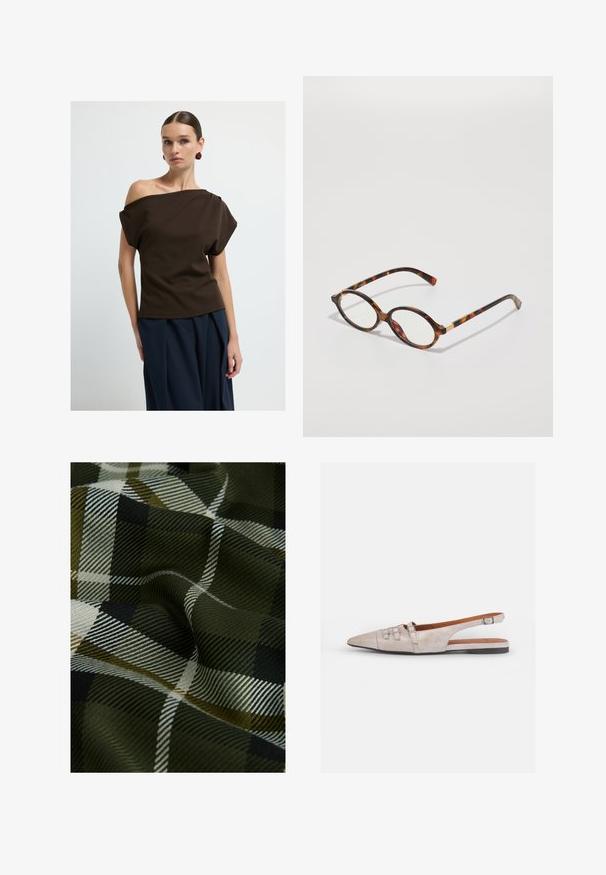 Top marrone senza spalle realizzato in tessuto liscio, con maniche ampie e una vestibilità rilassata, abbinato a pantaloni a palazzo blu navy.; Tessuto a quadri intrecciato con colori verde scuro, nero e bianco. La texture è liscia con una finitura morbida e motivo.; Scarpa slingback beige chiaro con punta allungata, una morbida texture in suede, dotata di due fibbie decorative e un tacco basso e piatto.; Occhiali da vista in tartaruga con montatura ovale, lenti trasparenti e dettagli dorati. Presentano tempie curve e una finitura liscia e lucida.; COACH BROOKLYN SHOULDER BAG 23 - Borsa a mano - maple