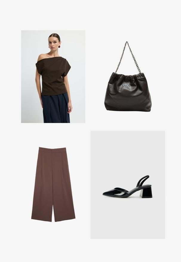 Ruskea olkaimeton paita, joka on valmistettu sileästä kankaasta, löysillä hihoilla ja rentoa istuvuutta, yhdistettynä laivastonsinisiin leveälahkeisiin housuihin.; Ruskeat leveälahkeiset housut, joissa on sileä pinta, korkea vyötärö ja etupleat. Kangas on kevyttä ja laskeutuu väljänä.; Mustat patentoitu nahkakengät, joissa on säären takaosa ja terävä kärki, sekä geometrinen palikkakorko. Sisältää tyylikkään, minimalistisen muotoilun ja sileän pinnan.; Ruskea nahkainen laukku, jossa on kerätty yläosa ja ketjuhihna. Tasainen pinta, jossa kiiltävä viimeistely ja hienovaraiset sauman yksityiskohdat sivuilla.