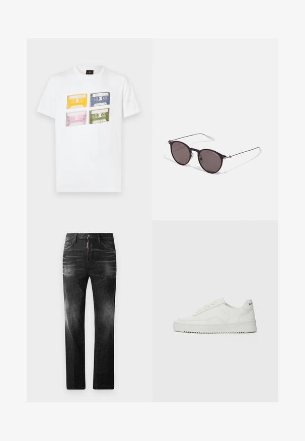 White cotton t-shirt featuring four colored cassette tapes (yellow, blue, pink, green) with distinct retro designs and labels printed on the front.; Black denim jeans with a straight fit. Features faded areas, minor distressing, classic five-pocket design, and a button closure.; White leather sneaker with a smooth finish, round toe, flat laces, and a textured sole. Features a subtle logo on the heel.; Black round sunglasses with dark lenses and slim metal arms. Includes clear temple tips and silver accents at the hinge. Minimalist design.